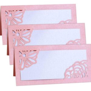 Laser Cut Rose Place Cards Pink Tented Name Card Folded Cards Blank Cardstock,Hollow Name Seat Card for Wedding, Banquet tables,Table Setting, Buffet, Baby Shower, Bridal Shower (50 Pcs)