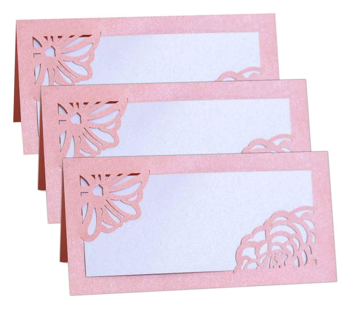 Laser Cut Rose Place Cards Pink Tented Name Card Folded Cards Blank Cardstock,Hollow Name Seat Card for Wedding, Banquet tables,Table Setting, Buffet, Baby Shower, Bridal Shower (50 Pcs)