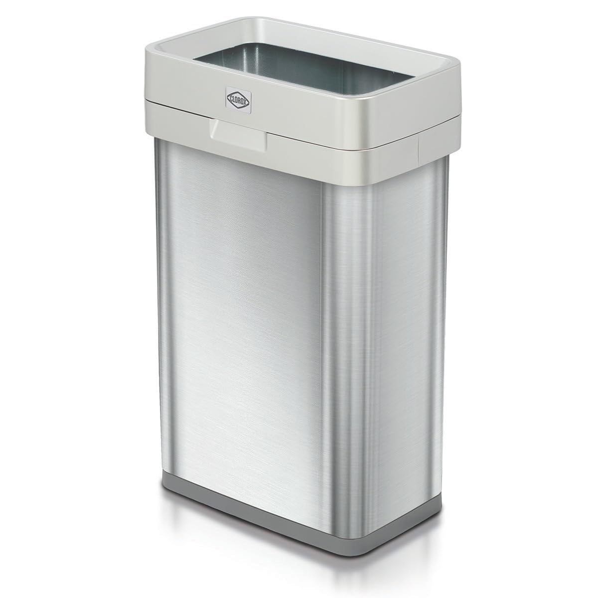 Clorox 13 Gallon Trash Can - 50L Slim Open Top Garbage Bin for Commercial Spaces, Kitchen, Office - Narrow Rectangular Stainless Steel Body with Hinged Rim and Odor Protection