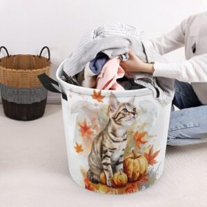 TsyTma Fall Cat Collapsible Laundry Baskets Laundry Hamper with Handles Cute Tabby Cat Pumpkins Round Dirty Clothes Hampers for Laundry Bathroom Bedroom Decor