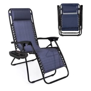 amazingforless zero gravity lounge chair adjustable outdoor reclining chair folding patio anti-gravity indoor outdoor lounge chair w/pillow, cup holder (one chair - navyblue)