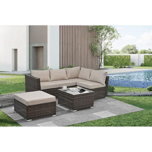 Patio Furniture Outdoor Seasonal Pe Wicker 4 Set with Tempered Glass Coffee Table Grey Rattan Deep Seating