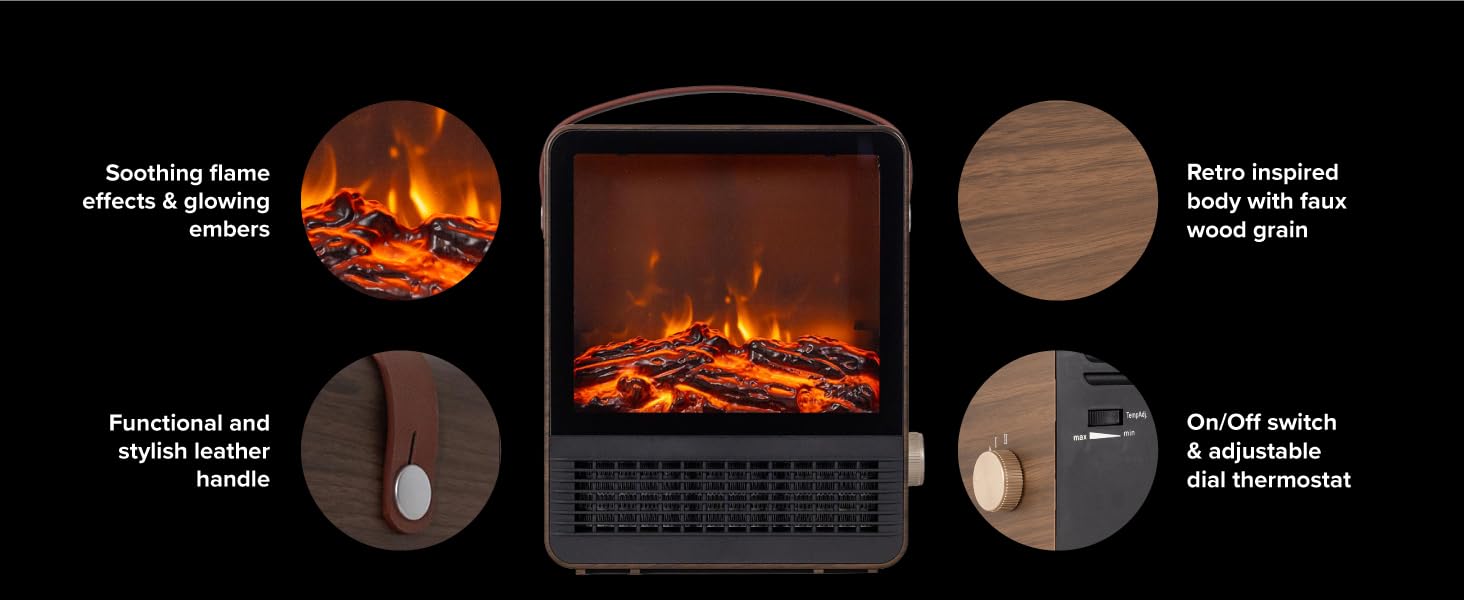 Hearth Brands Electric Fireplace Portable Space Heater with 3D Flame Effect | 1500W | Adjustable Thermostat Dial | Overheat Sensor with Auto Shut-Off | Ideal for Home, Office, Bedroom, Tabletop