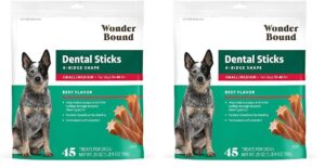 amazon brand - wonder bound beef flavor dental sticks for small/medium dogs (15-40 lbs), 6-ridge shape for plaque & tartar control, freshens breath, formulated with vitamin c, 45 count (pack of 2)