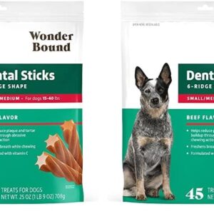 Amazon Brand - Wonder Bound Beef Flavor Dental Sticks for Small/Medium Dogs (15-40 lbs), 6-Ridge Shape for Plaque & Tartar Control, Freshens Breath, Formulated with Vitamin C, 45 Count (Pack of 2)