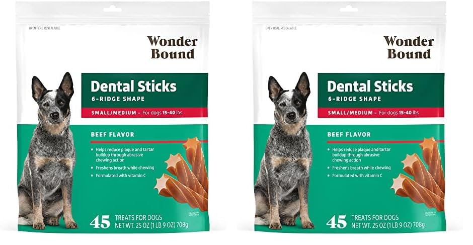 Amazon Brand - Wonder Bound Beef Flavor Dental Sticks for Small/Medium Dogs (15-40 lbs), 6-Ridge Shape for Plaque & Tartar Control, Freshens Breath, Formulated with Vitamin C, 45 Count (Pack of 2)