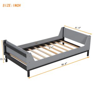 Kids Twin Size Bed Frame with Storage Bookcase, Wood Twin Bed Frames for Kids, Twin Bed Frame with Headboard and Footboard for Boys Girls, No Box Spring Needed,Grey