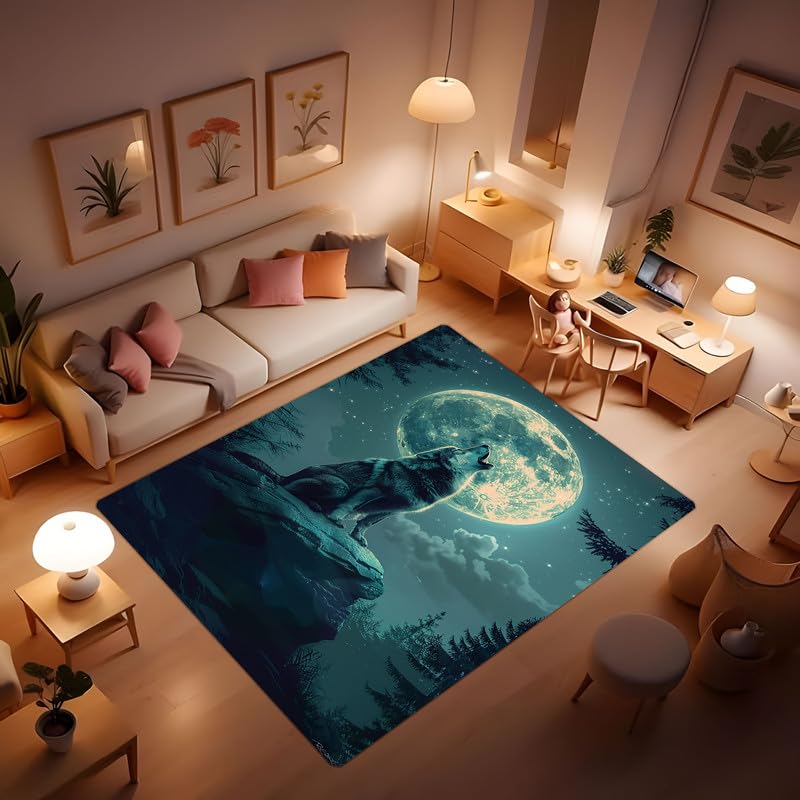 Kroveiu Wolf Theme Rugs for Home use, Super Soft Non-Slip Washable Rugs, Howling Moon Wolf Rugs at Night Wolf Series Rugs, Wolf Rugs can be Used in Living Room Bedroom boy Gifts 24x36inch