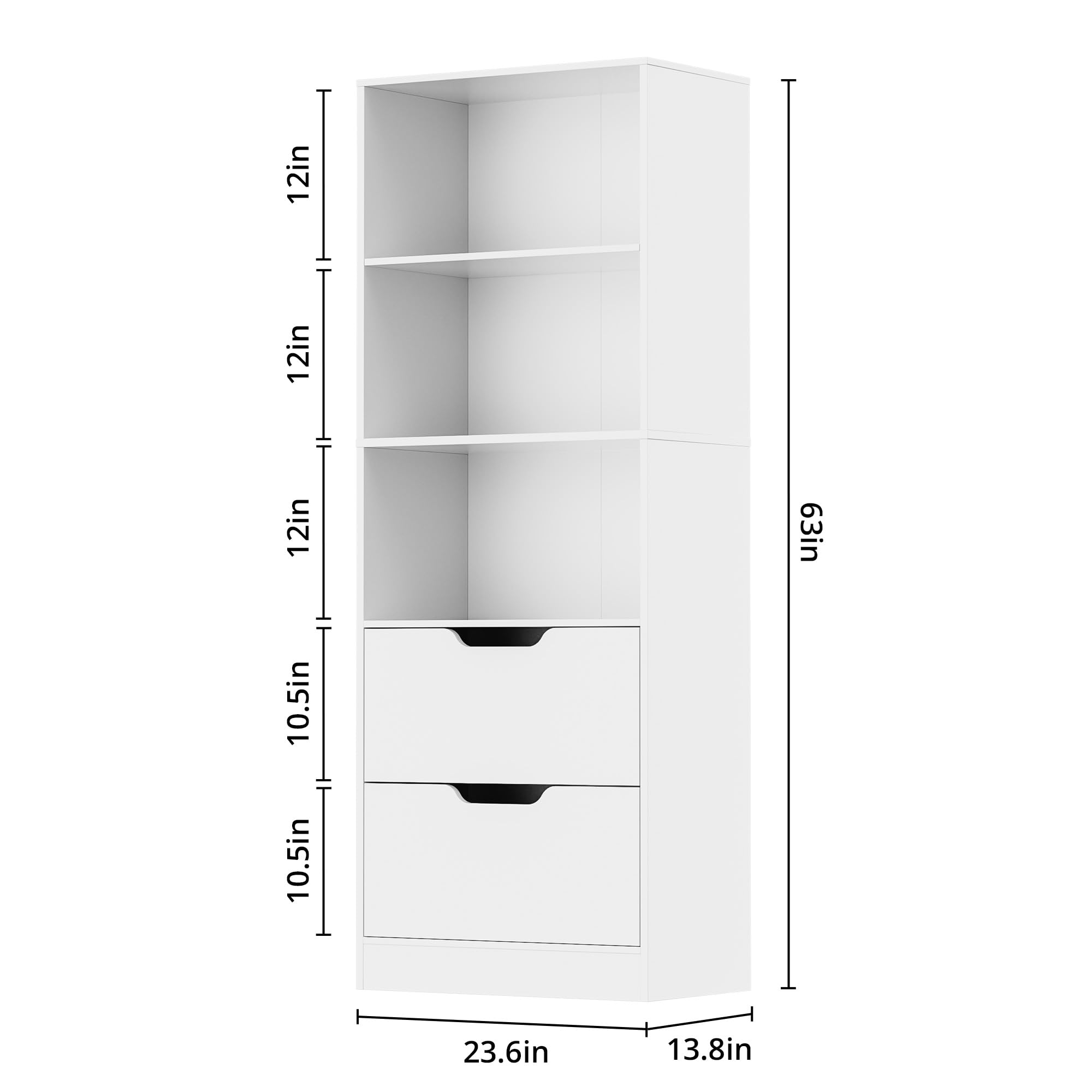 Housoul Bookcase with 2 Drawers, 63" 3-Tier Bookshelf with Storage, 3 Shelf Bookcase with Adjustable Shelf, Modern Bookshelf, Open Shelves Bookcase for Study, Bedroom & Home Office, White