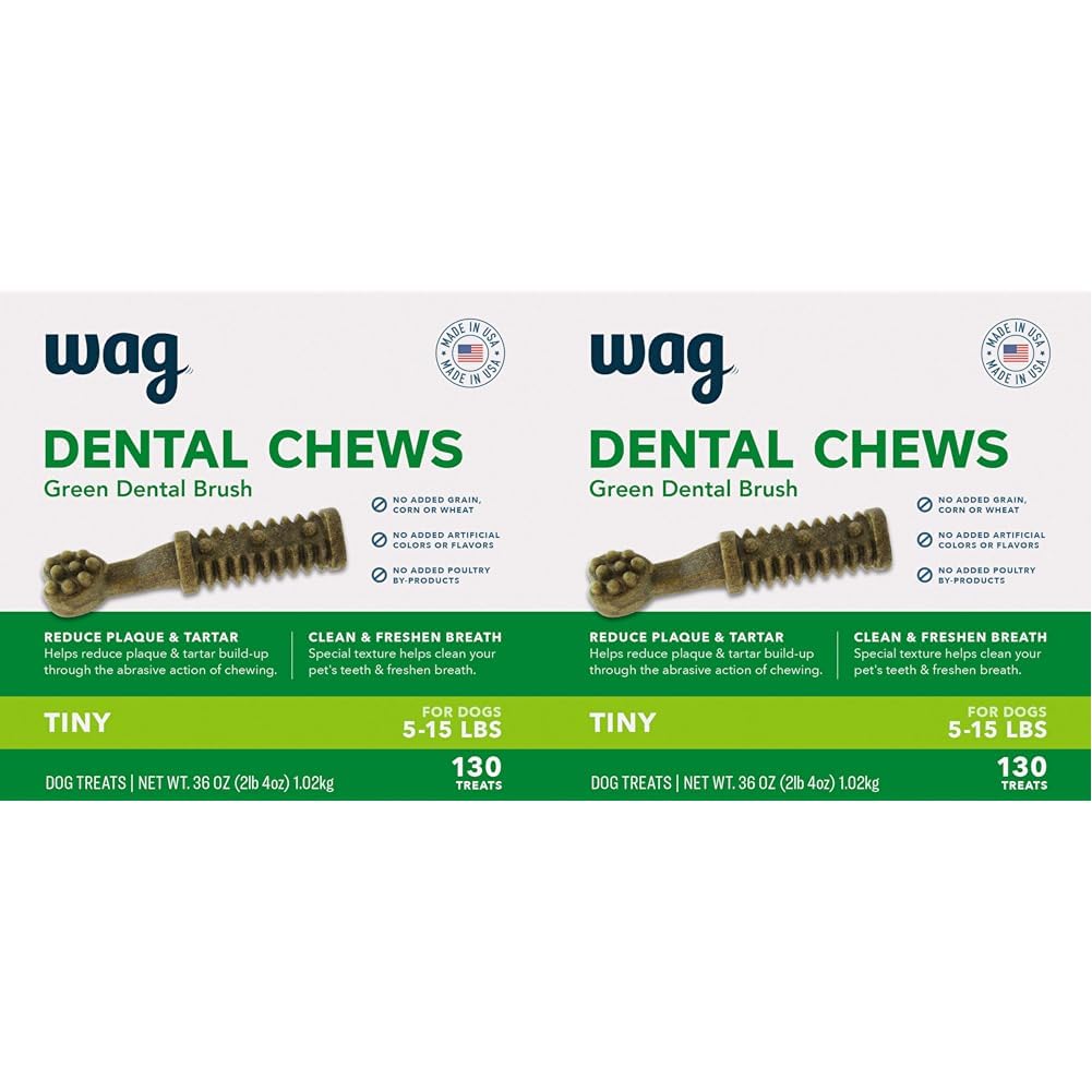 Amazon Brand - Wag Dental Dog Treats to Help Clean Teeth & Freshen Breath - Tiny, Unflavored, 2.25 pounds, 130 Count (Pack of 2)