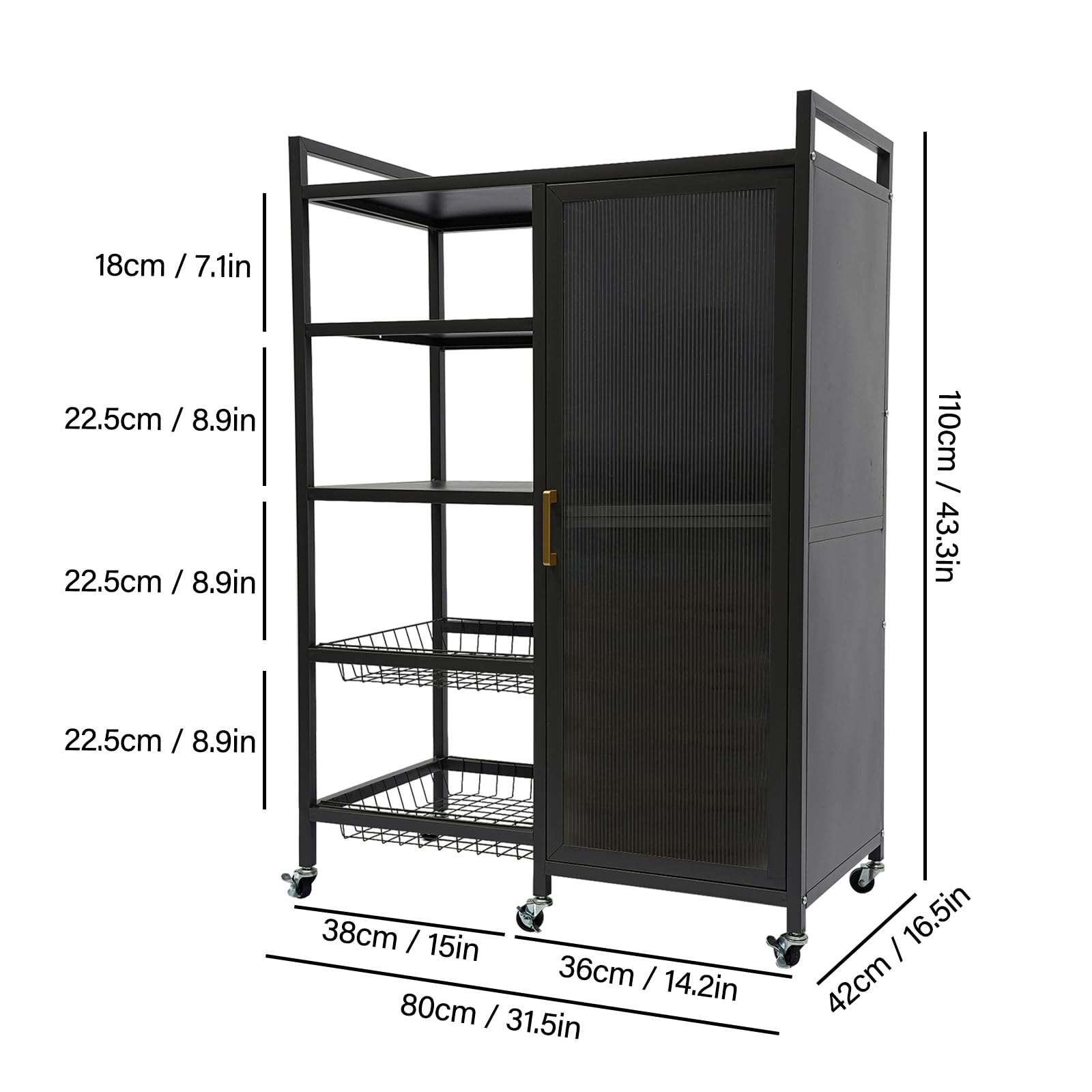 HOLMZCED 4 Tiers Kitchen Storage Shelf with Detachable Trays, Mobile Storage Cabinet with Adjustable Shelf Standing Rack Shelf with Wheels Black for Living Room Kitchen