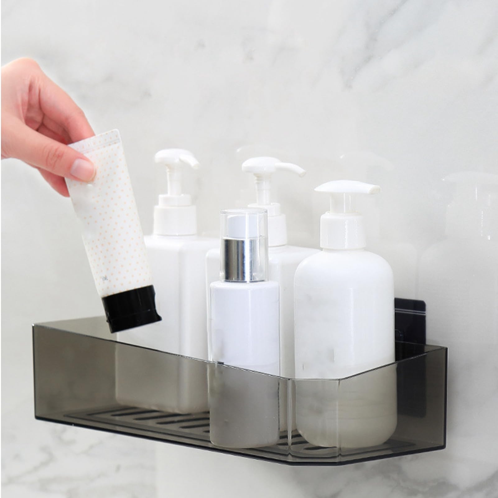 Kelepu Wall Mount Bathroom Shelf Multifunctional Punch Frees Convenient Storage Shower Shelf Organizer for Home 1 Pc (Transparent Black)