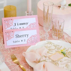 Laser Cut Rose Place Cards Pink Tented Name Card Folded Cards Blank Cardstock,Hollow Name Seat Card for Wedding, Banquet tables,Table Setting, Buffet, Baby Shower, Bridal Shower (50 Pcs)