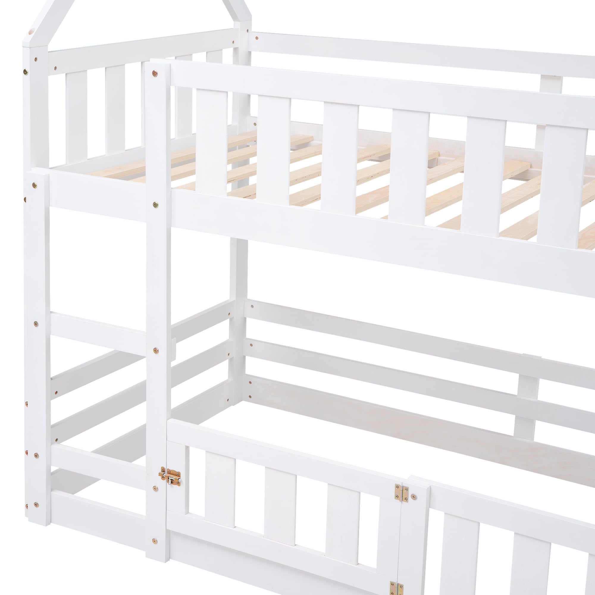 THINK 30 Twin Over Twin House Bunk Bed with Fence and Door, Wood Bedroom Bedframe for Boys, Girls, Home, Apartment, Kids, Guest Room