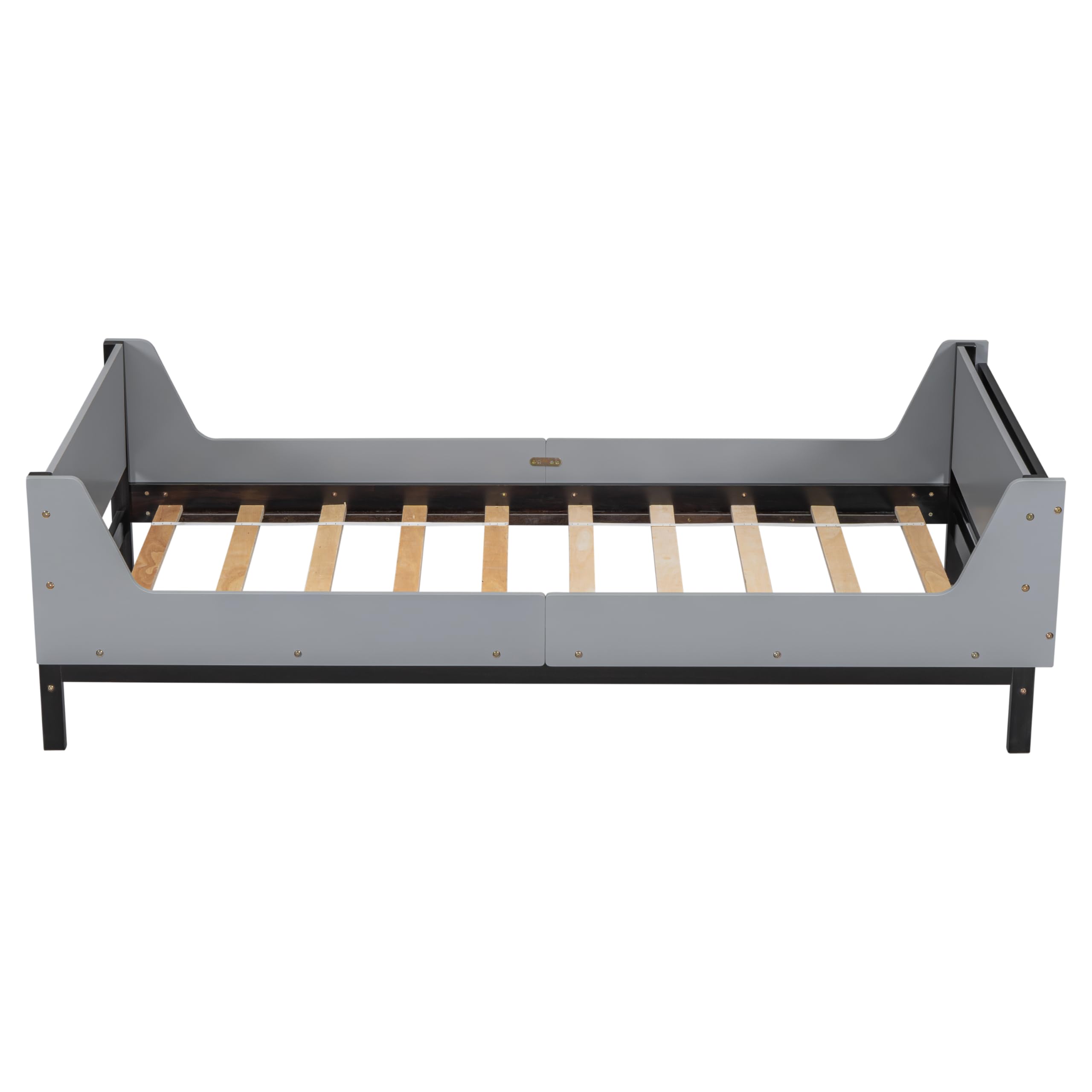 Kids Twin Size Bed Frame with Storage Bookcase, Wood Twin Bed Frames for Kids, Twin Bed Frame with Headboard and Footboard for Boys Girls, No Box Spring Needed,Grey