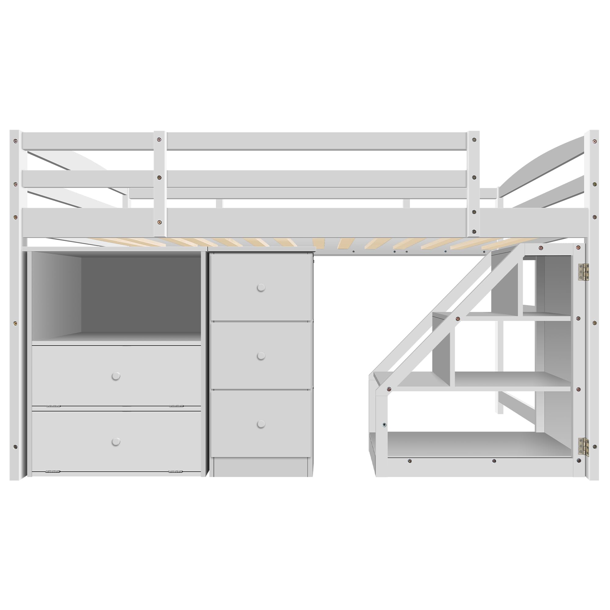 TURRIDU Low Loft Bed with Pullable Storage Staircase and 2 Cabinet, Wooden Stairway Loft Bed with Drawers and Shelves, Twin Size Bed Frame for Girls, Boys, Teens, No Box Spring Needed