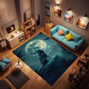 Kroveiu Wolf Theme Rugs for Home use, Super Soft Non-Slip Washable Rugs, Howling Moon Wolf Rugs at Night Wolf Series Rugs, Wolf Rugs can be Used in Living Room Bedroom boy Gifts 24x36inch