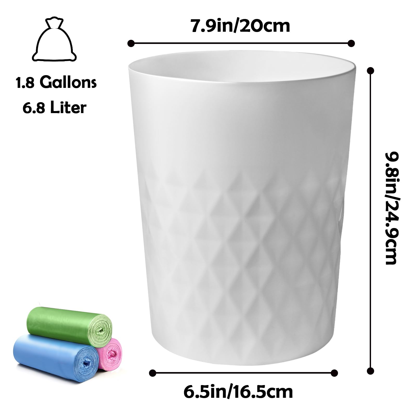 YGJT Bathroom Trash Can, 3 Pack 1.8 Gallons Small Trash Can with Trash Bags, Round Bathroom Garbage Can Waste Basket, Plastic Trash Bin for Dorm, Bedroom, Kitchen, Office, Study, Compact Spaces(White)