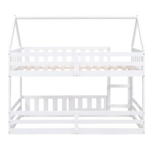 THINK 30 Twin Over Twin House Bunk Bed with Fence and Door, Wood Bedroom Bedframe for Boys, Girls, Home, Apartment, Kids, Guest Room