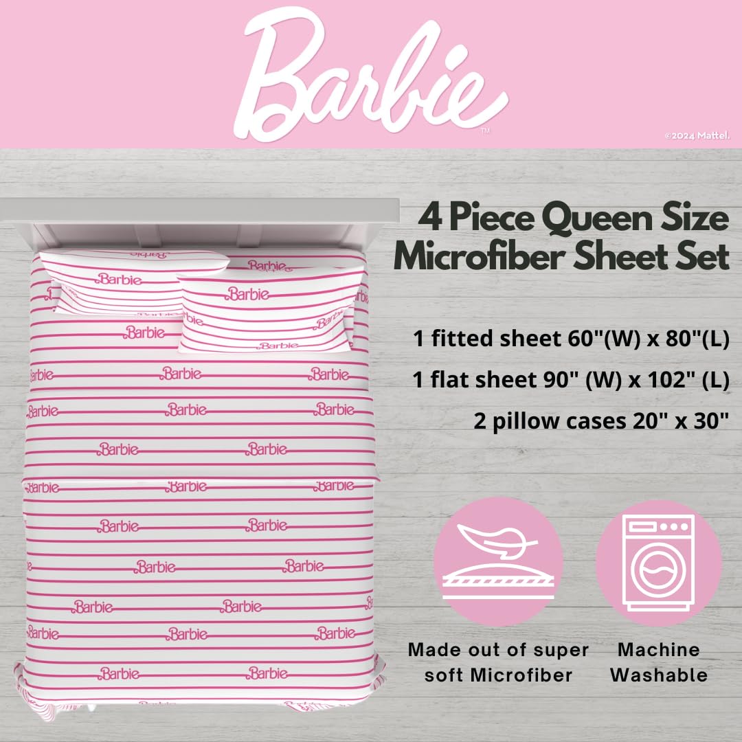 Franco Collectibles Barbie Logos Bedding Super Soft Cozy Microfiber 4 Piece Queen Sheet Set, (Officially Licensed Product)