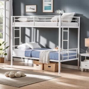 pvwiik twin over twin metal bunk bed for kids boys girls,metal structure bedframe with ladders & guardrail,convertible 2 beds,no spring box required,white