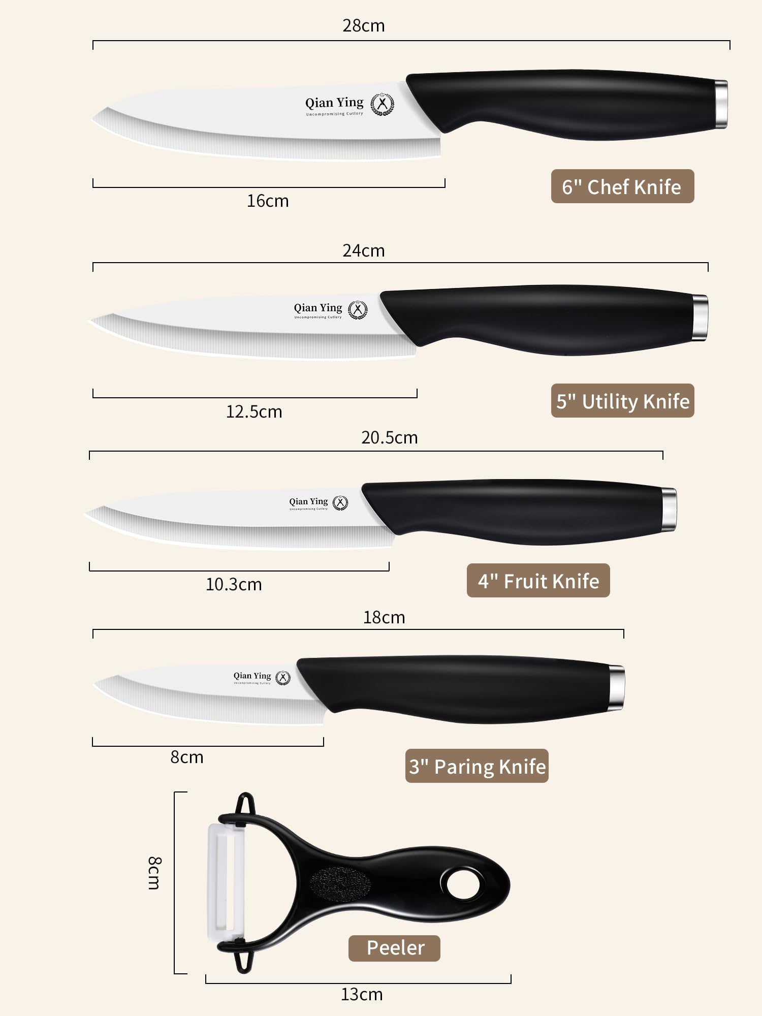 Ceramic Knife Set for Kitchen with Sheath: Sharp Blade Fruit Cutting Knives with Cover Clean Cut Edge Black Handle