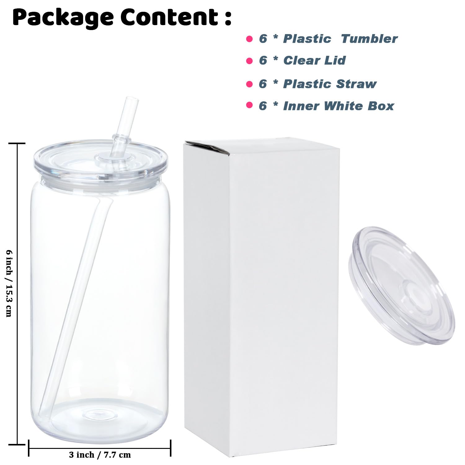 16 Oz Acrylic Plastic Can Tumbler, 6 Pack Plastic Clear Cup Beer Can, Plastic Mason Jar with Clear Lid