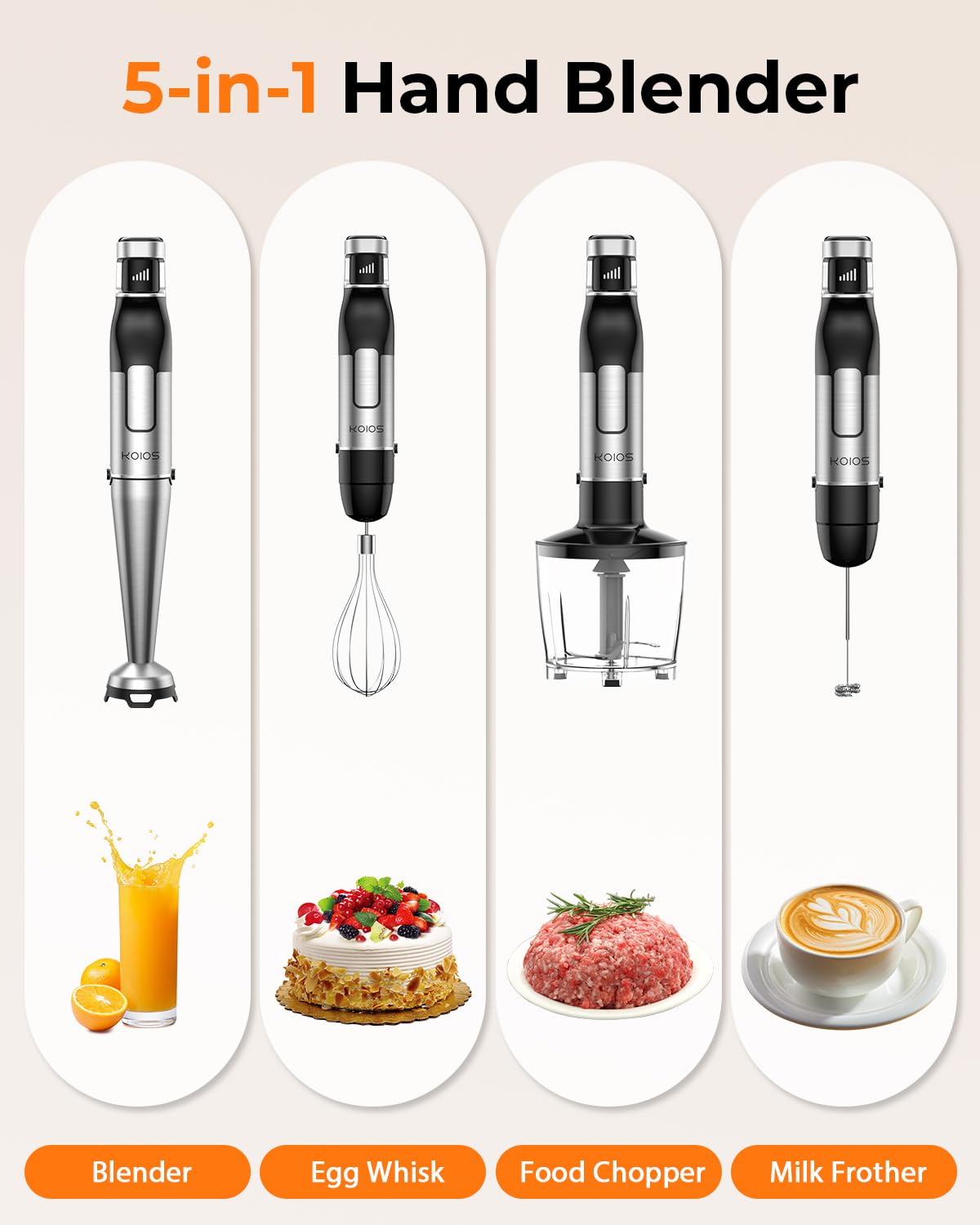 KOIOS Immersion Blender, 1100W Trigger Variable Speed Hand Blender, 5-in-1 Immersion Blender Handheld, Anti-scratch Stick Blender with Chopper, Whisk, Beaker and Frother, Non-BPA