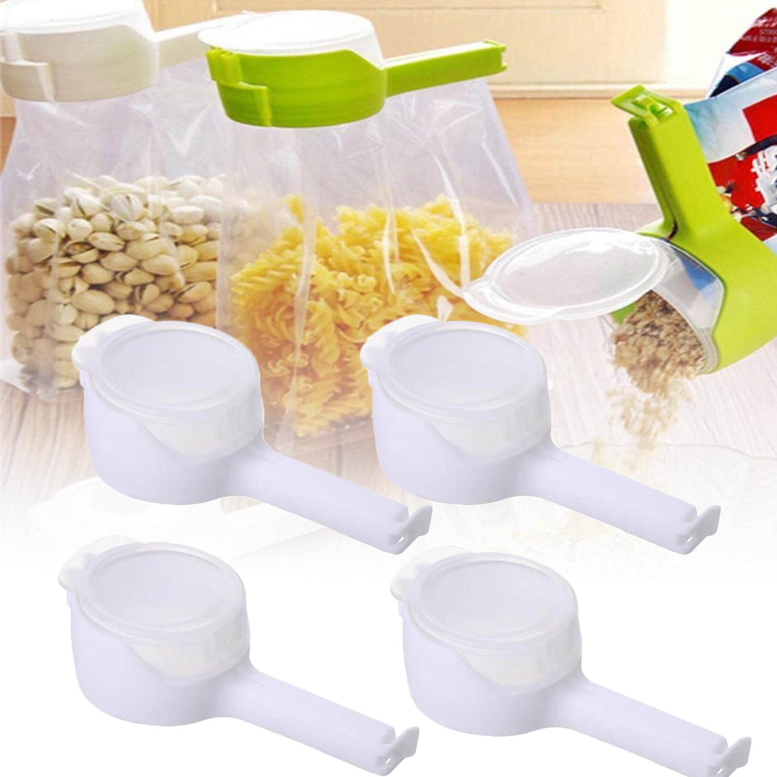 4Pcs Bag Clip with Pour Spout, Food Clips for Bags with Spout, Bag Spout Clips, Food Bag Clips with Pour Spouts, Bag Clips for Food, Bag Sealing Clip with Pour Spout, for Snack (White)