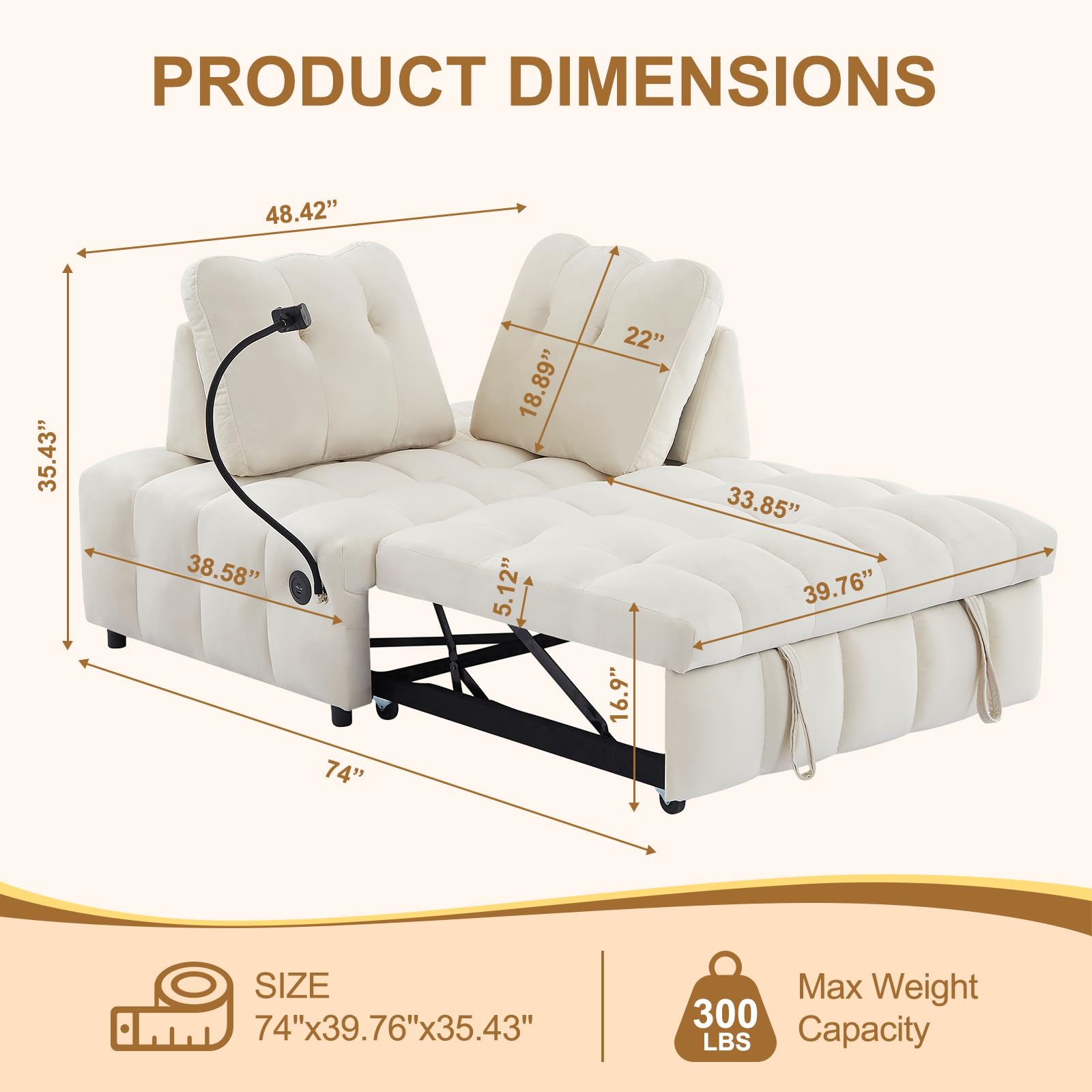 48" Pull Out Sofa Bed, Modern Convertible Sofa Bed Couch with Removale Back, Velvet Cloud Sofa with USB Port and Swivel Phone Stand, Suitable for Living Room, Apartment, Small Place - Beige