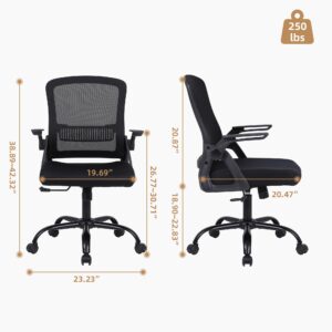 Ermnois Office Chair, Ergonomic Desk Chair with Lumbar Support, Breathable Mesh Chair with Flip-up Armrests and Mid Back, Comfy Task Computer Height Adjustable Swivel Chair (1, Black)