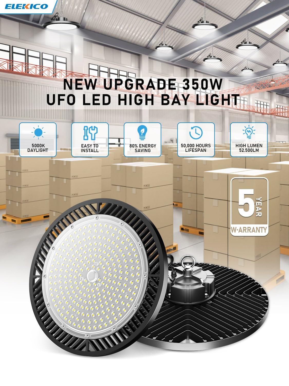 Upgrade 350w Led Shop Lights, 6 pack Super Bright 52500lm 5000k Ufo Led High Bay Light, High Bay Led Shop Lights With Us Plug 5' Cable,Led Shop Light For Garage Workshop Factory Barn Gym Warehouse