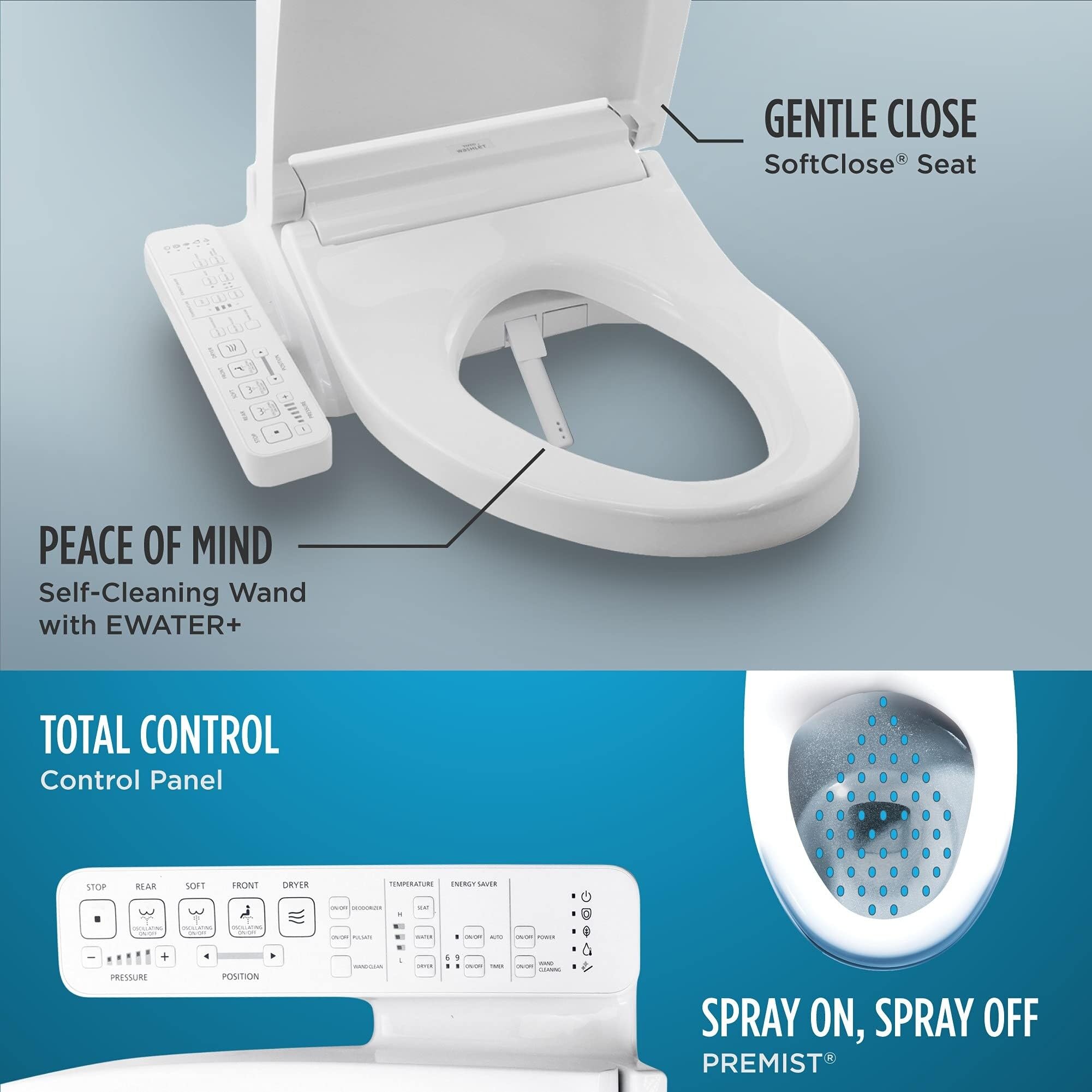 Electronic Bidet Toilet Seat with and Ewater+ Wand Cleaning Elongated Cotton White Plastic