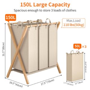 laundry hamper 3 section, Dirty Clothes Hamper with removable bags, Bamboo Laundry Basket,150L Large Laundry Sorter Organization, Foldable X-Frame Laundry Bin for Bedroom, Laundry Room, Bathroom