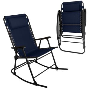 lavish home rocking chair outdoor furniture - folding chair rocker with adjustable pillow - camping, front porch, or patio furniture (navy)