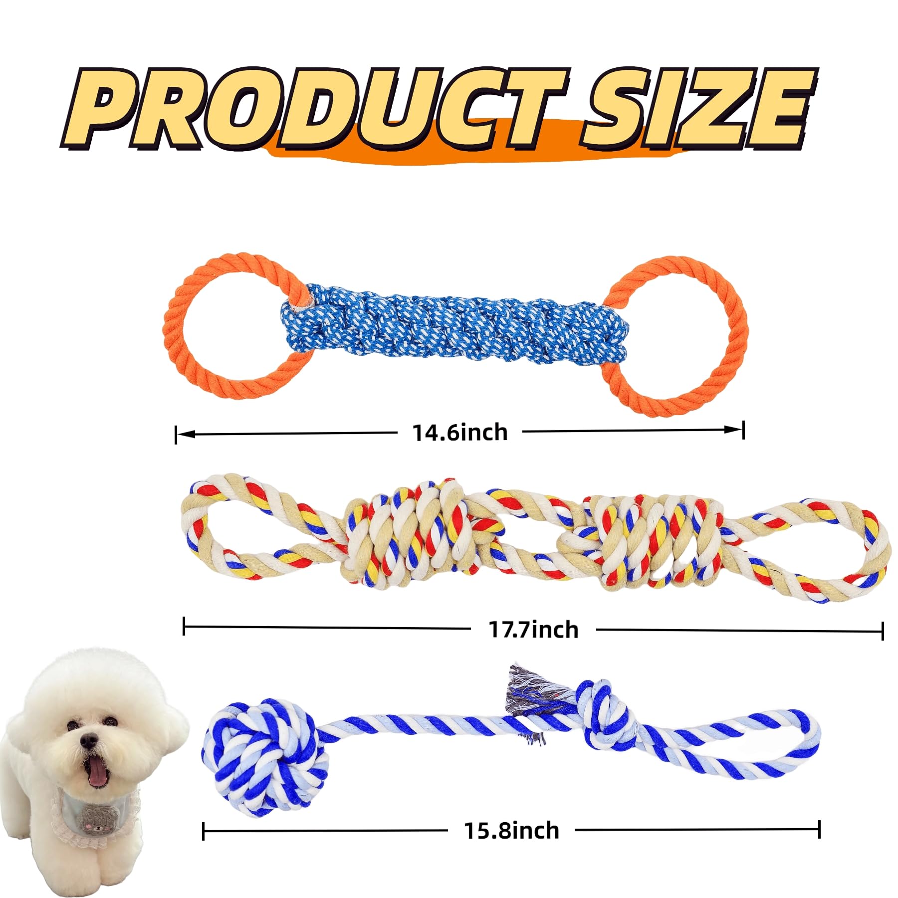 3 Pack Small Dog Rope Toys for Aggressive Chewers, Heavy-Duty Tug of War and Dental Cleaning Chew Toys, Indestructible Cotton Rope for Medium to Large Breeds, Ideal for Boredom & Teething Relief