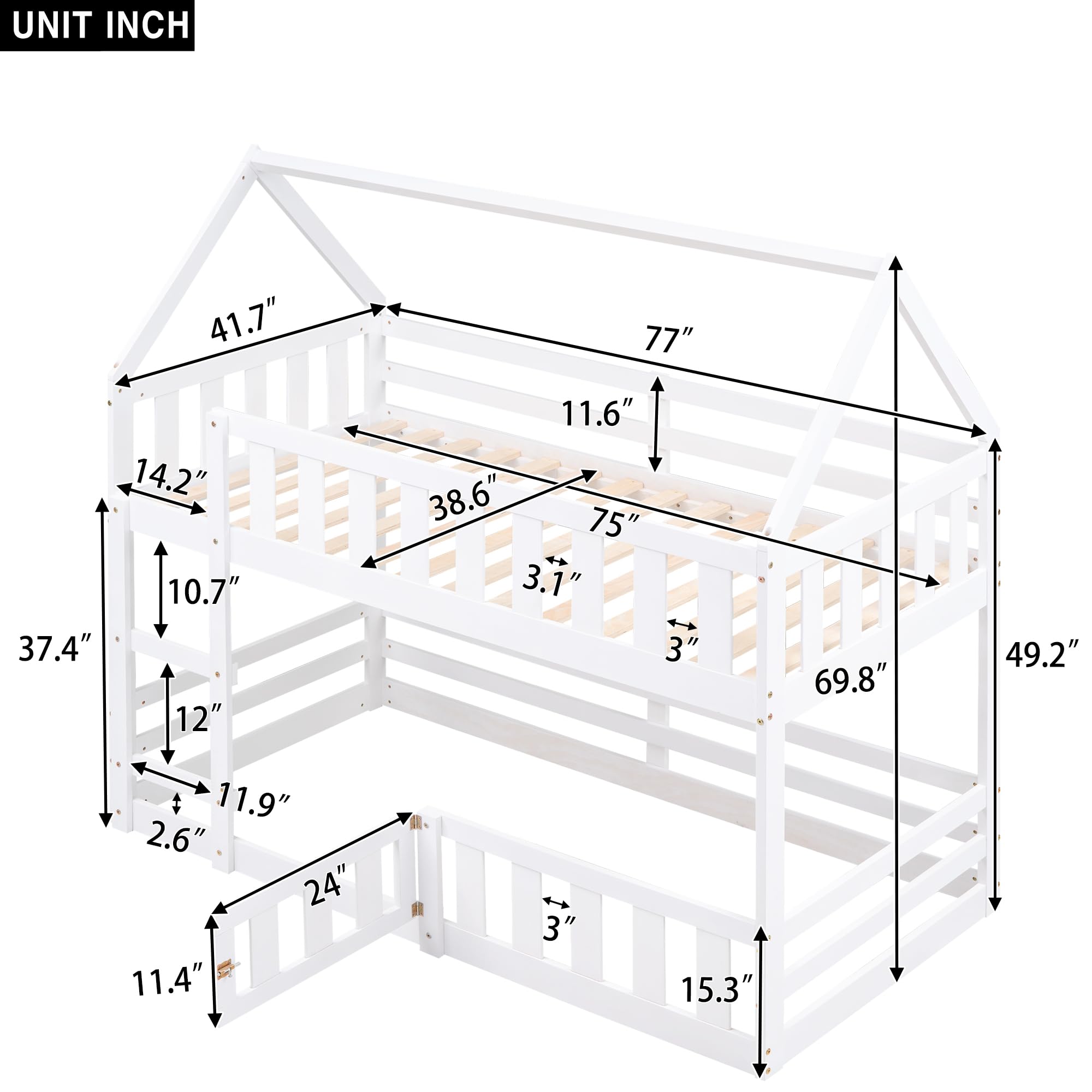 THINK 30 Twin Over Twin House Bunk Bed with Fence and Door, Wood Bedroom Bedframe for Boys, Girls, Home, Apartment, Kids, Guest Room