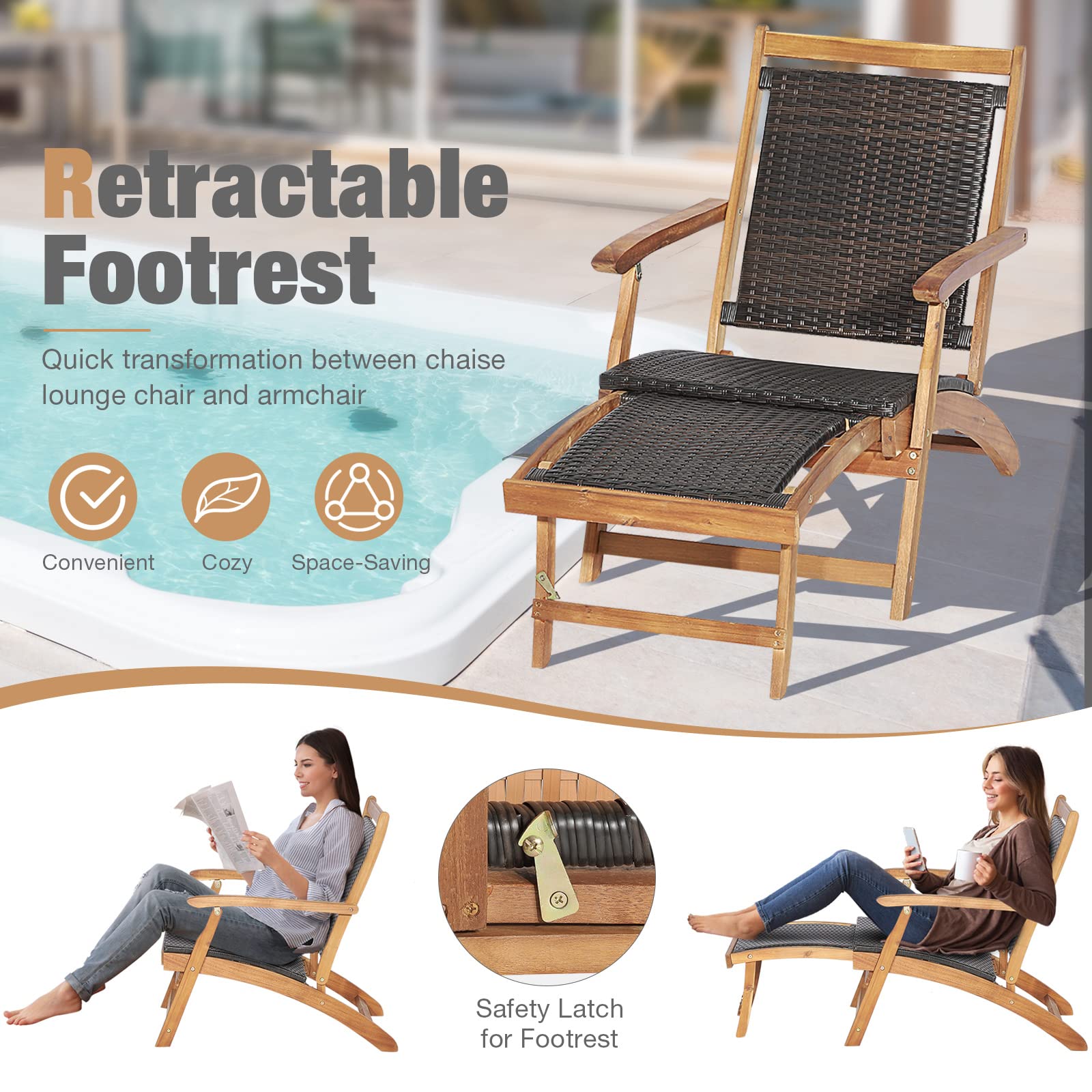 HAPPYGRILL Patio Lounge Chair Set of 3, Outdoor Acacia Wood Rattan Wicker Chaise Lounge w/Side Table, Deck Chair w/Armrest & Retractable Ottoman, for Backyard, Poolside