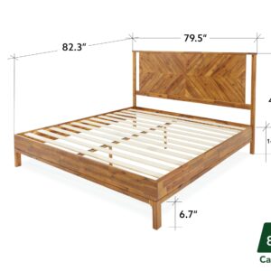 Bme Vivian 14 Inch Deluxe Bed Frame with Headboard, Rustic & Scandinavian Style with Solid Acacia Wood, No Box Spring Needed, 12 Strong Wood Slat Support, Easy Assembly, King, Rustic Golden Brown