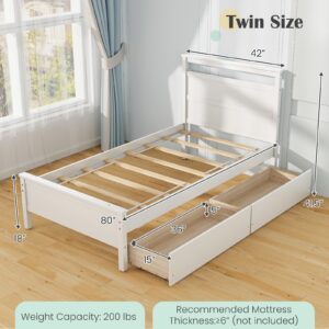 Giantex Wood Twin Bed with 2 Storage Drawers, Solid Wood Platform Bed with Headboard, Single Bed Wooden Slats Support, No Spring Needed, Twin Bed Frame for Kids, Teens, Adults (White)