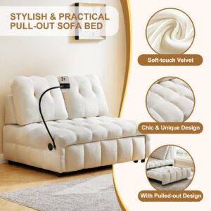 48" Pull Out Sofa Bed, Modern Convertible Sofa Bed Couch with Removale Back, Velvet Cloud Sofa with USB Port and Swivel Phone Stand, Suitable for Living Room, Apartment, Small Place - Beige