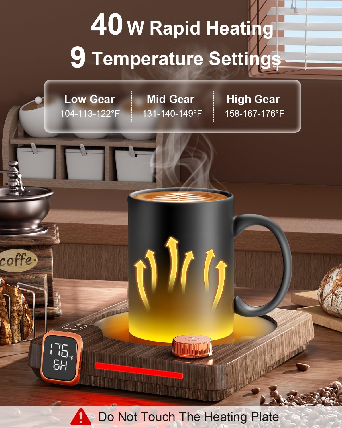 Mug Warmer, 40W Coffee Mug Warmer for Desk with Temperature Display, 1-12Hrs Auto Off/ON, Smart Coffee Cup Warmer with Anti-Scalding Silicone, Beverage Warmer for Coffee, Milk, Tea, Candle (Wood)