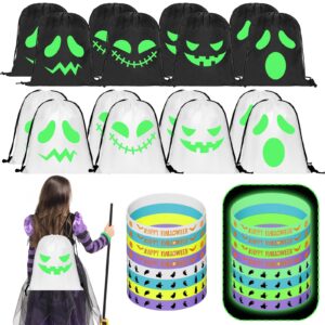 32 pcs halloween treat bags set with 16pcs halloween glow in the dark ghost trick or treat bag for ghost candy drawstring backpack bags and 16pcs halloween glow silicone bracelets for party supplies