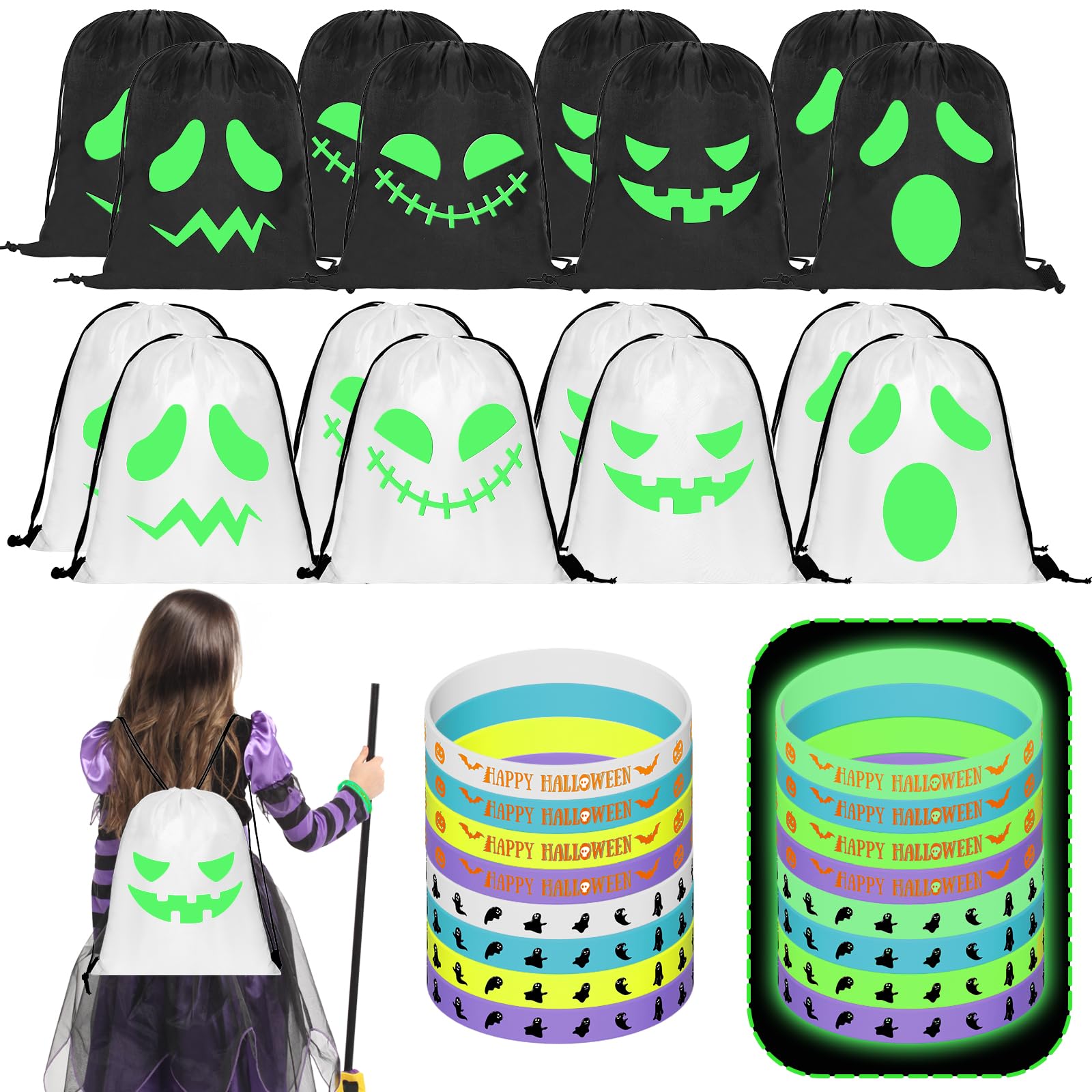 32 Pcs Halloween Treat Bags Set with 16Pcs Halloween Glow in The Dark Ghost Trick or Treat Bag for Ghost Candy Drawstring Backpack Bags and 16Pcs Halloween Glow Silicone Bracelets for Party Supplies