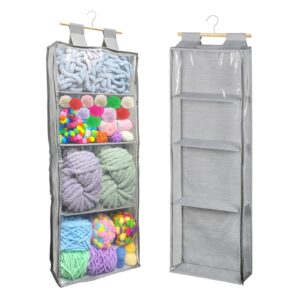 hanging yarn storage organizer with 4 large double zippered pockets - perfect for crochet & knitting lovers. over-door hooks for easy access & space saving. clear view for quick selection