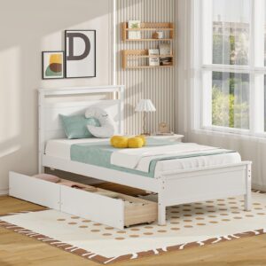 Giantex Wood Twin Bed with 2 Storage Drawers, Solid Wood Platform Bed with Headboard, Single Bed Wooden Slats Support, No Spring Needed, Twin Bed Frame for Kids, Teens, Adults (White)