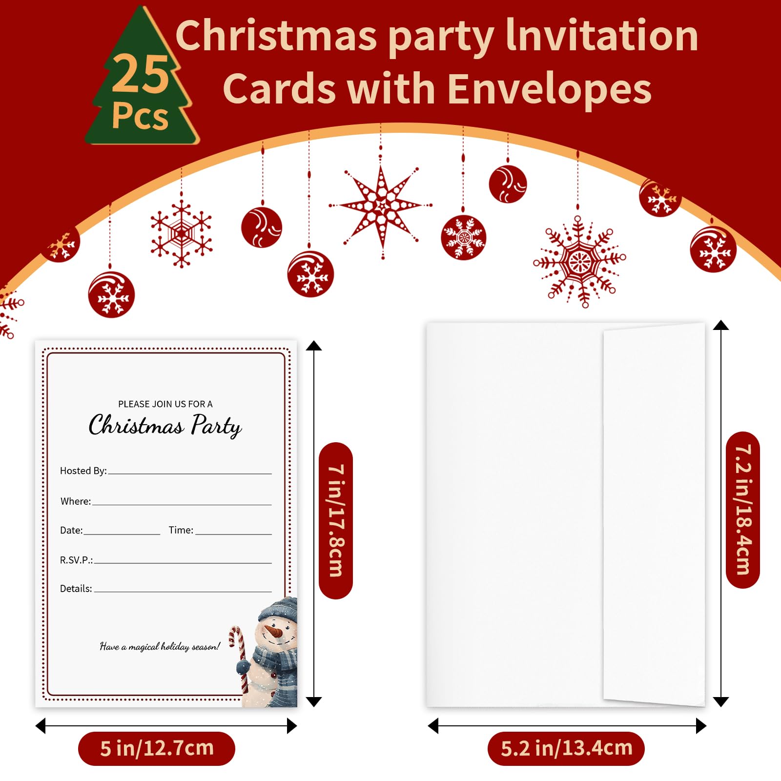 Viynran 25-Pack Christmas Party Invitations – Cartoon Red Snowman Holiday Cards with White Envelopes, Perfect for Xmas, Bridal Showers, Baby Showers, Rehearsal Dinners, and Birthday Parties