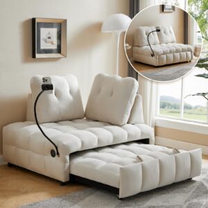 48" pull out sofa bed, modern convertible sofa bed couch with removale back, velvet cloud sofa with usb port and swivel phone stand, suitable for living room, apartment, small place - beige