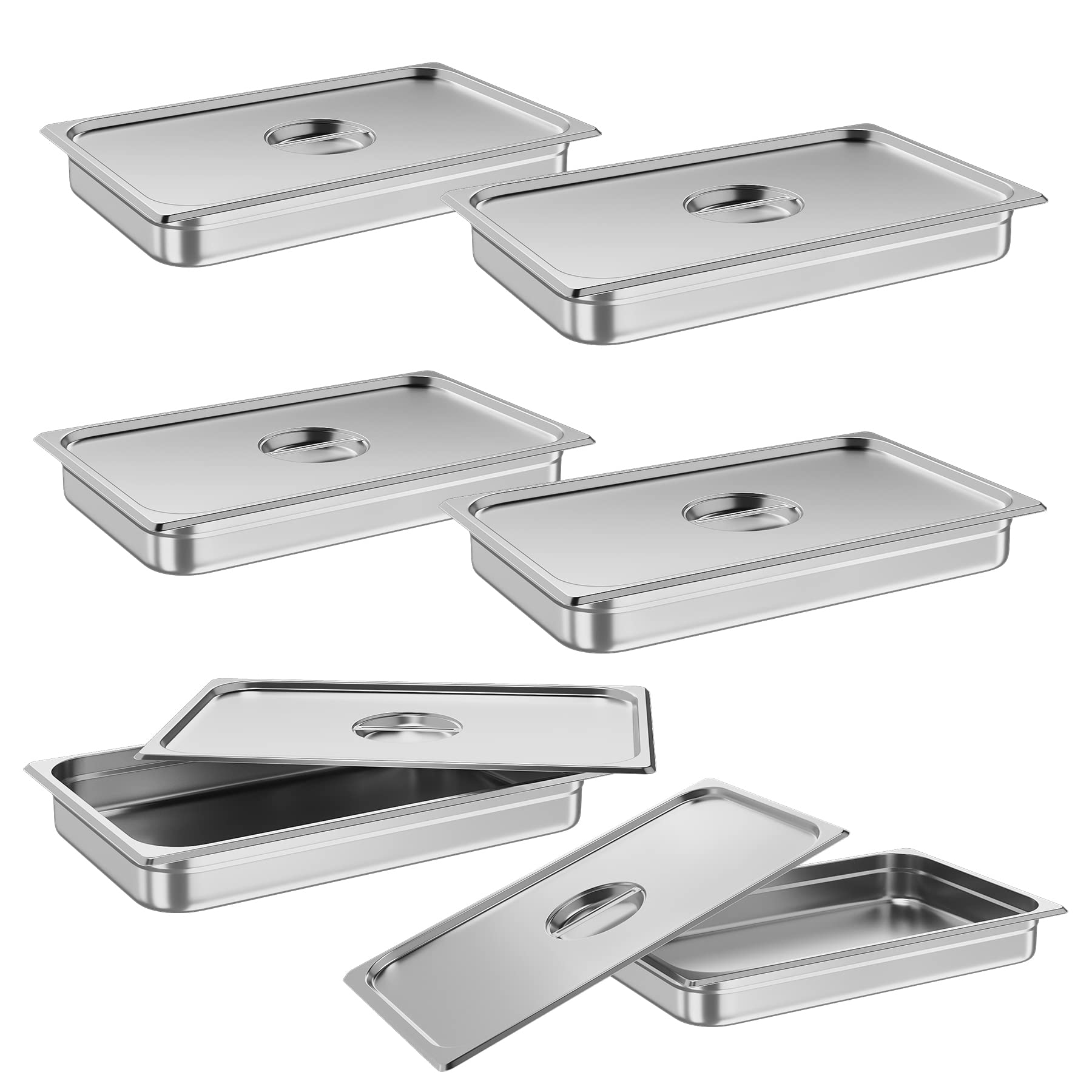 SPORTY&FIT 6 Pack Full Size Hotel Pan Commercial, Catering Pans [NSF Certified][with Lid] 2.5 Inch Deep Commercial Stainless Steel Anti-Jamming Steam Table Pan