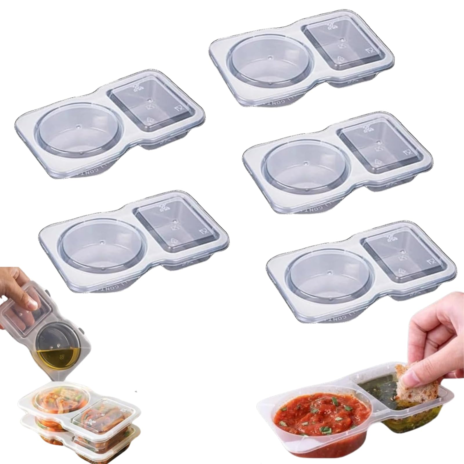 Uioecn 5PCS Double Compartment Condiment Container,Double Compartment Condiment Container with Lids, 2 Compartment Snack Containers, Portable Reusable Sauce Containers